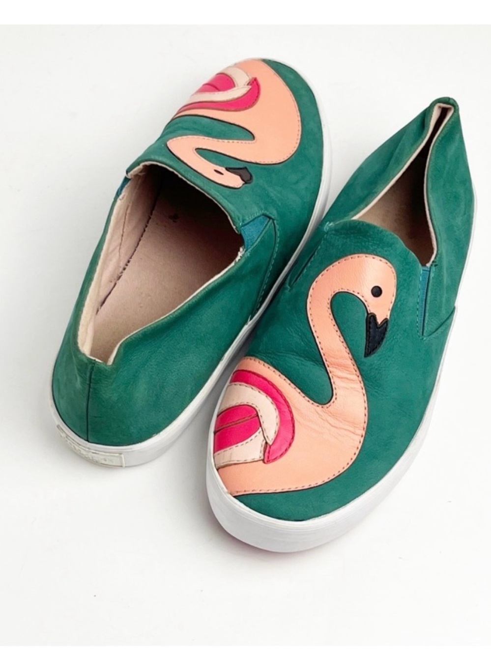 KATE SPADE Selma Green Flamingo Leather Slip On Sneakers, Size 7.5 - Picture 2 of 3